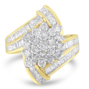 10K Yellow Gold Round and Baguette Diamond Crossover Cluster Ring (3 Cttw,